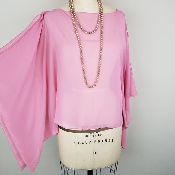 Pretty Rose Pink Sheer Chiffon Batwing Blouse with Open Sleeve Detail * One Size - Picture 2 of 9